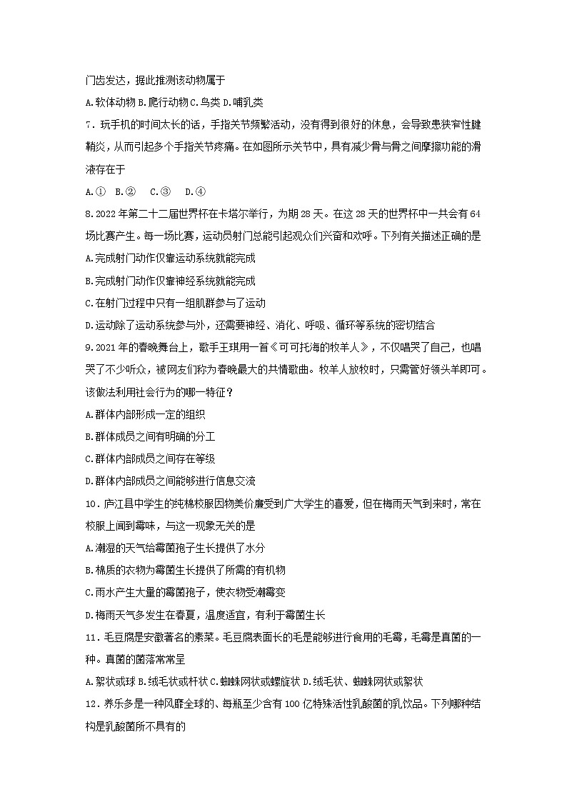 安徽省合肥市庐江县2022-2023学年八年级上学期期末生物试题（含答案）02