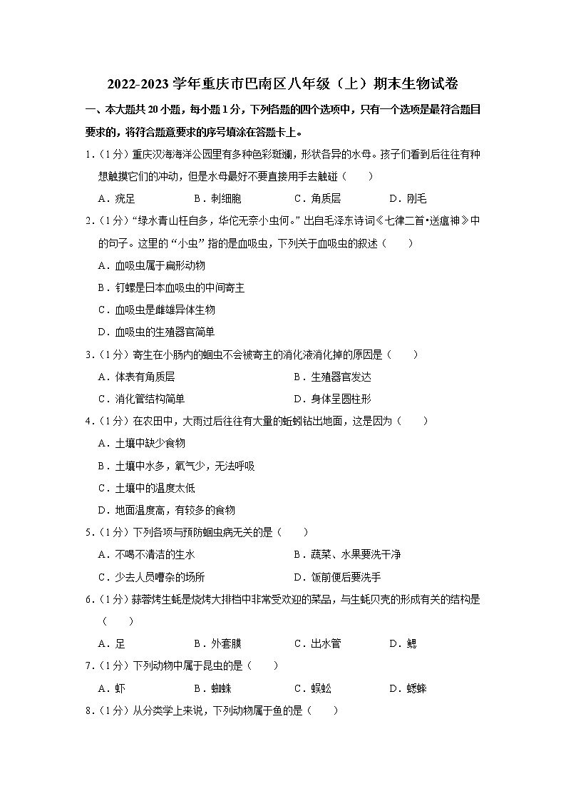 重庆市巴南区2022-2023学年八年级上学期期末考试生物试题（含答案）第1页