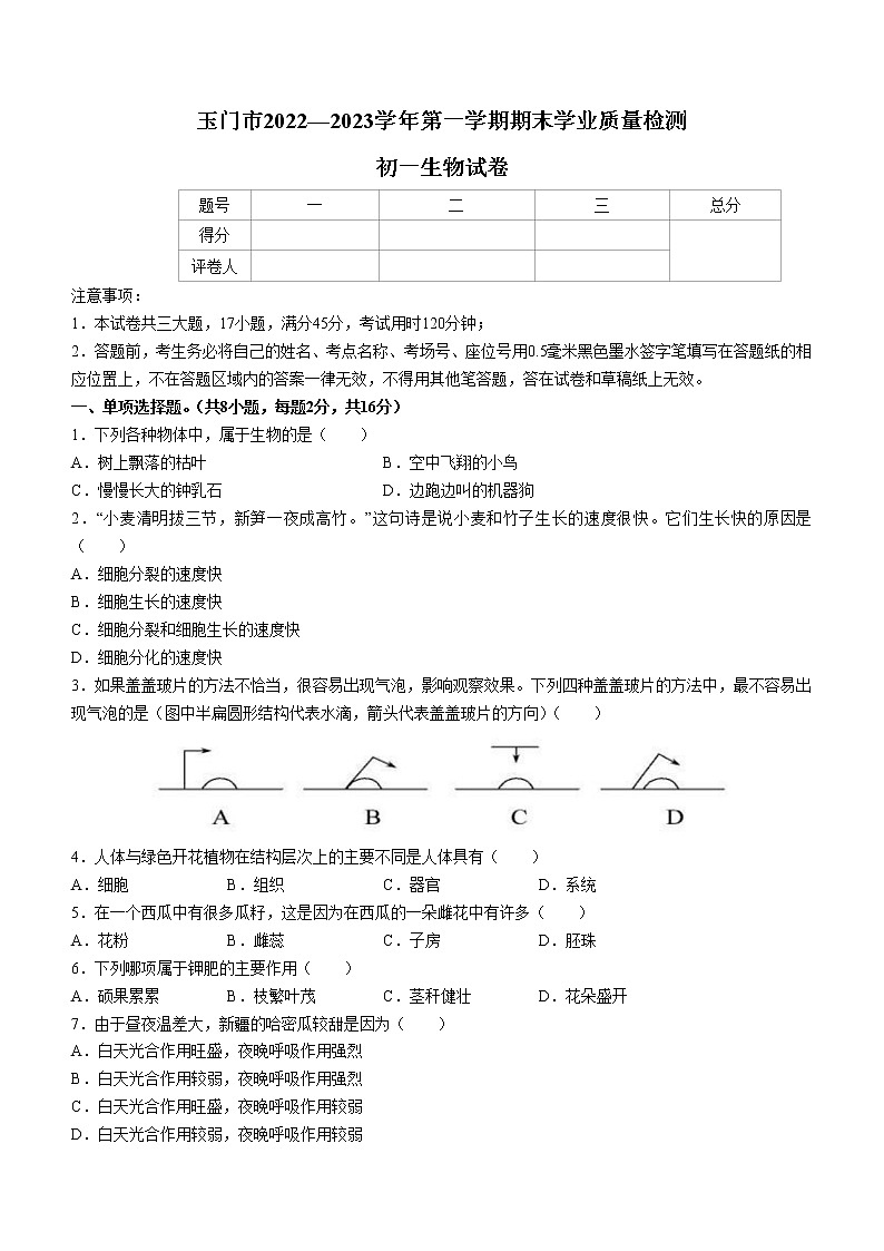 甘肃省酒泉市玉门市2022-2023学年七年级上学期期末生物试题（含答案）第1页