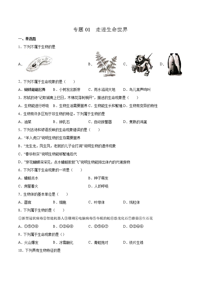 01 走进生命世界（原卷版+解析版）——【中考二轮复习】2023年生物通用版专题训练01