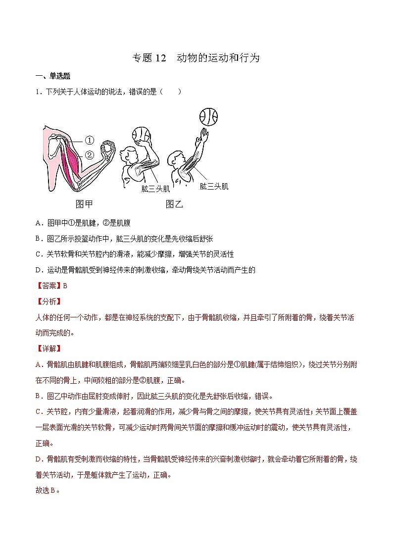 12 动物的运动和行为（原卷版+解析版）——【中考二轮复习】2023年生物通用版专题训练01