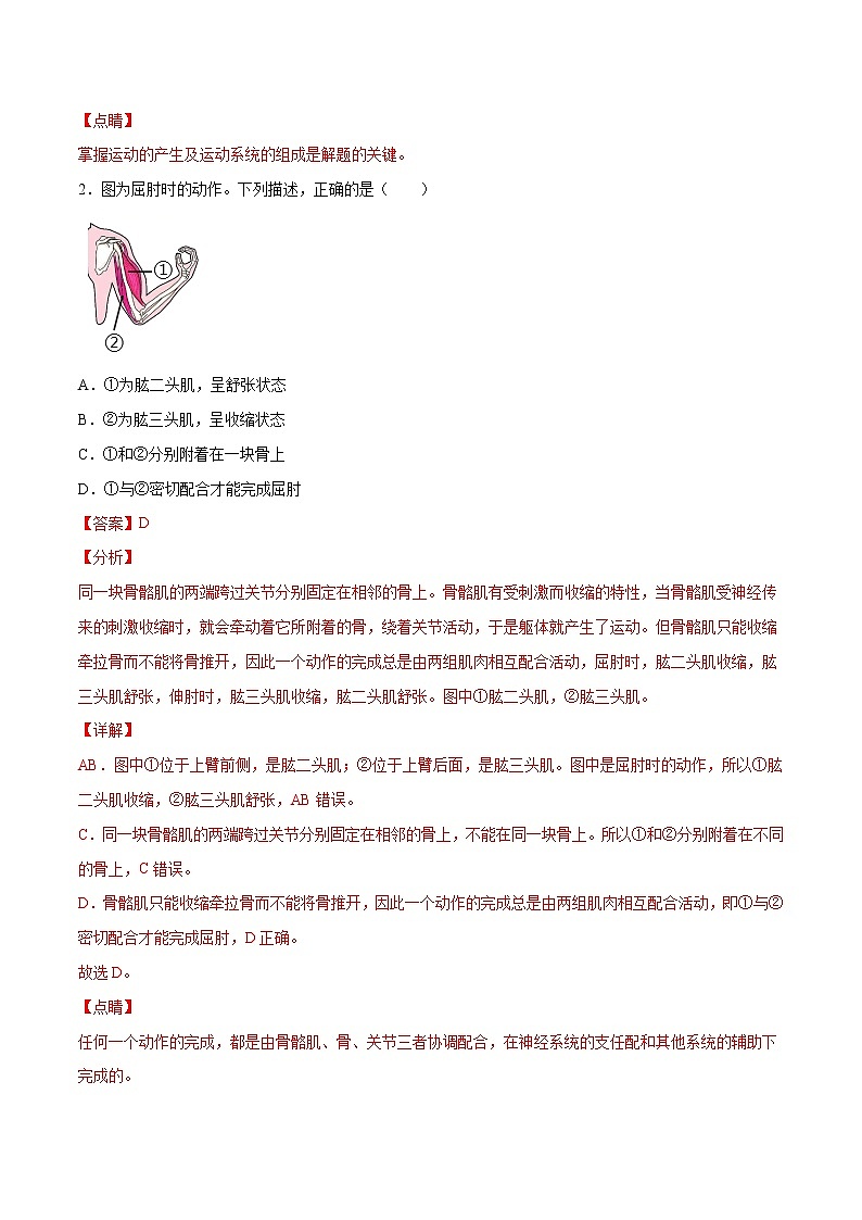 12 动物的运动和行为（原卷版+解析版）——【中考二轮复习】2023年生物通用版专题训练02