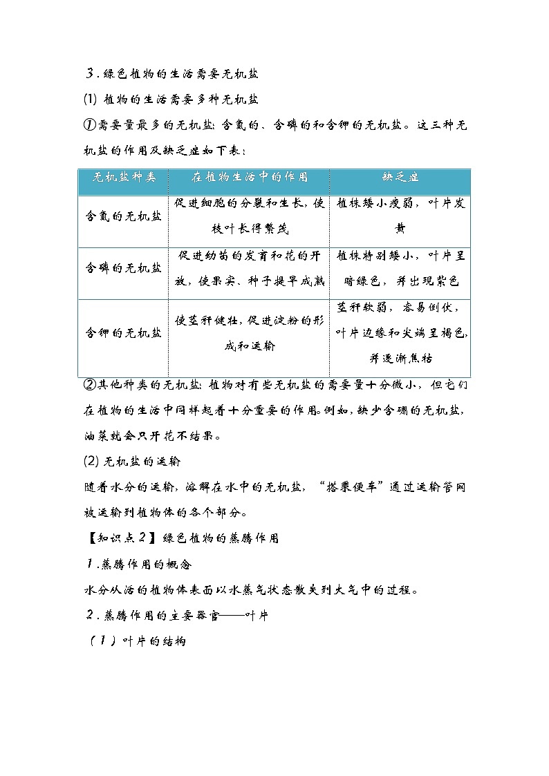 专题04 绿色植物的生活需要水和无机盐——2023年中考生物必背知识点梳理+思维导图第3页