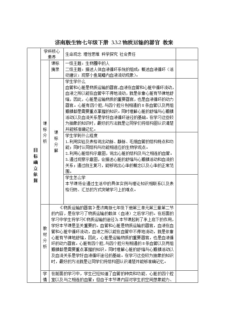 济南版生物七年级下册 3.3.2物质运输的器官 教案第1页