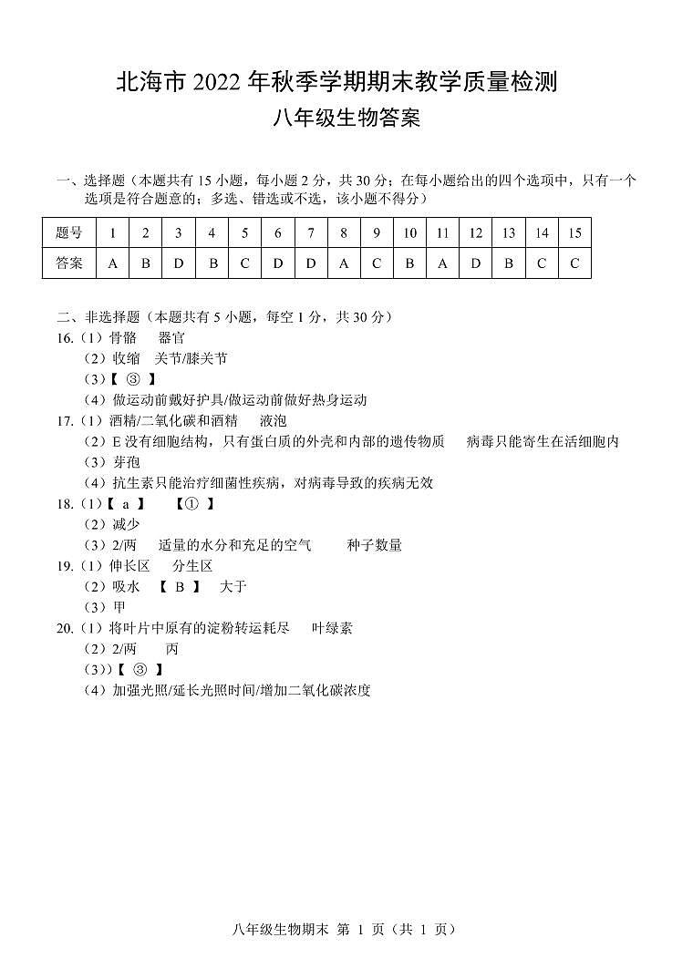 广西北海市2022-2023学年八年级上学期期末考试生物试题01