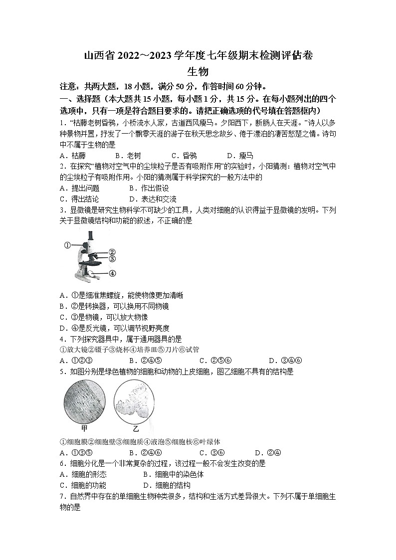 山西省运城市芮城县2022-2023学年七年级上学期期末生物试题第1页