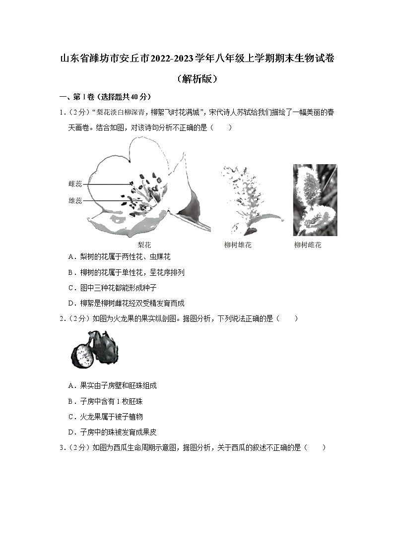 山东省潍坊市安丘市2022-2023学年八年级上学期期末生物试卷(含答案)01