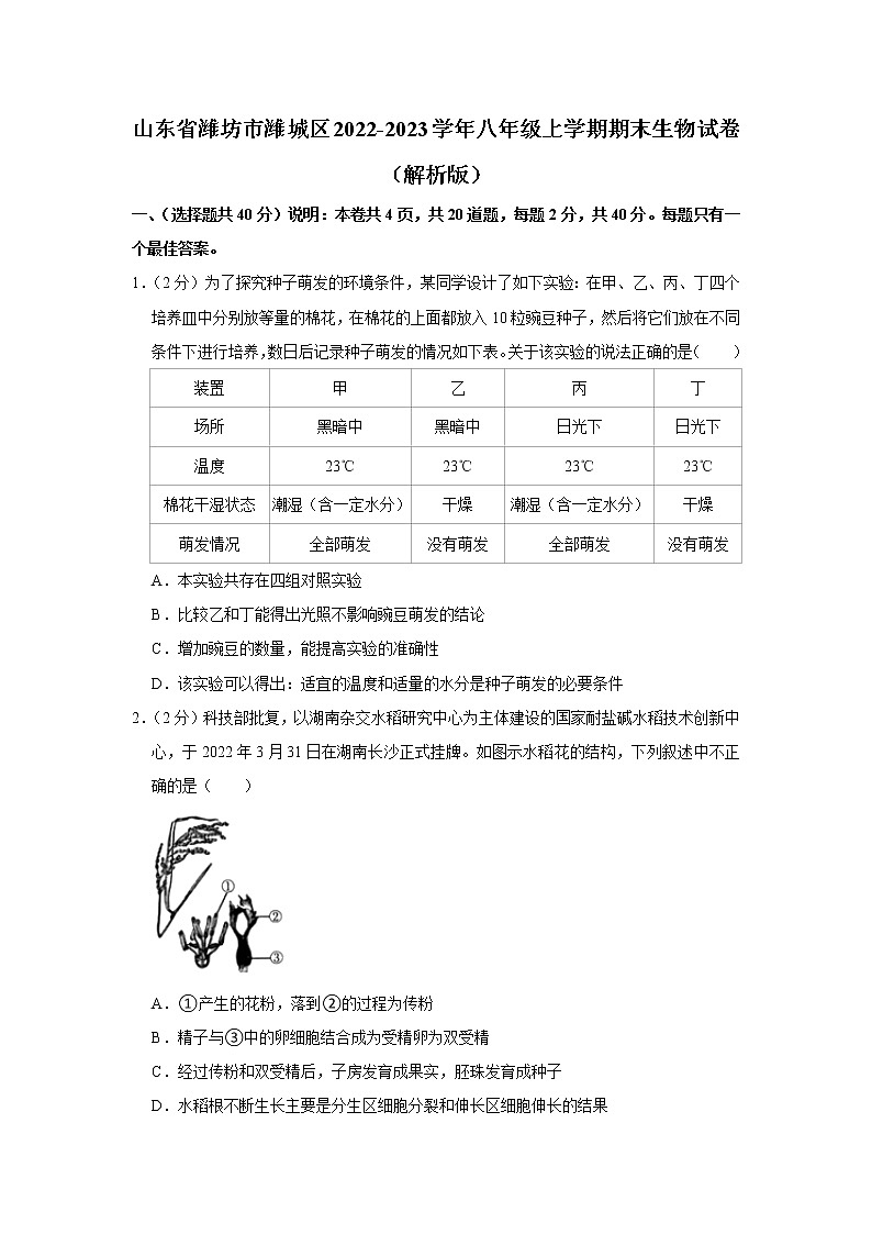 山东省潍坊市潍城区2022-2023学年八年级上学期期末生物试卷(含答案)01
