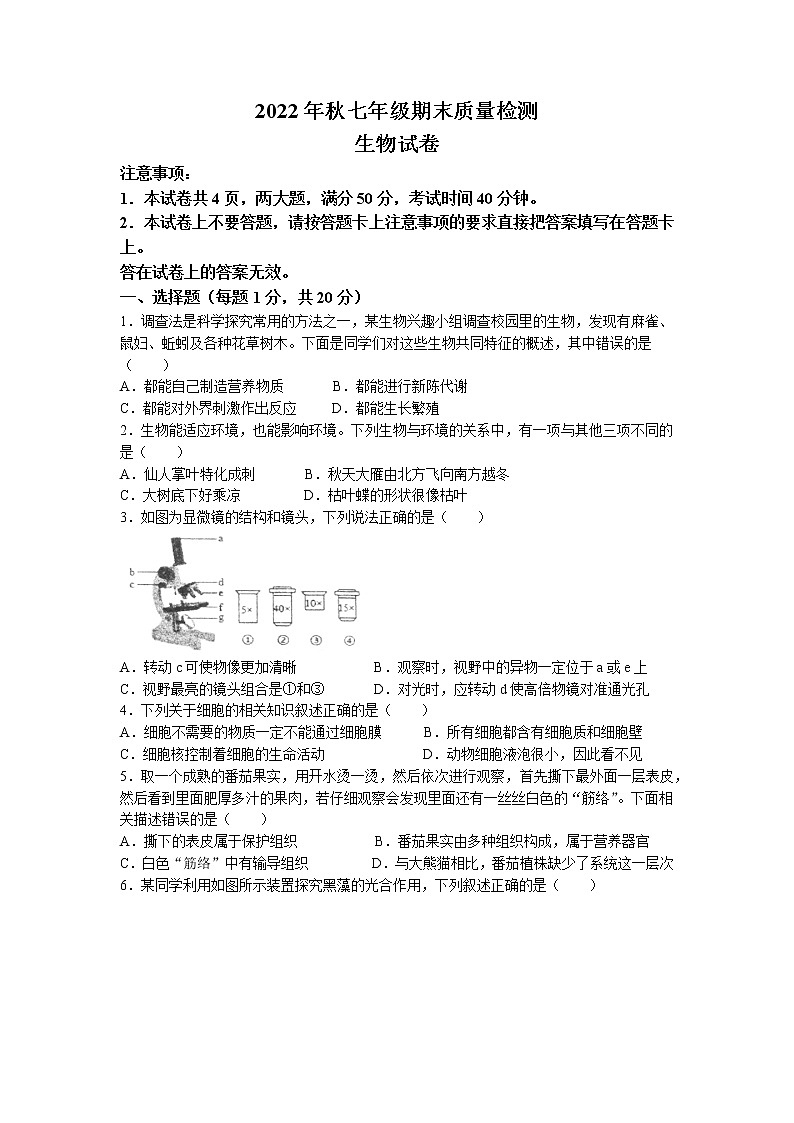 河南省商丘市柘城县2022-2023学年七年级上学期期末生物试题01