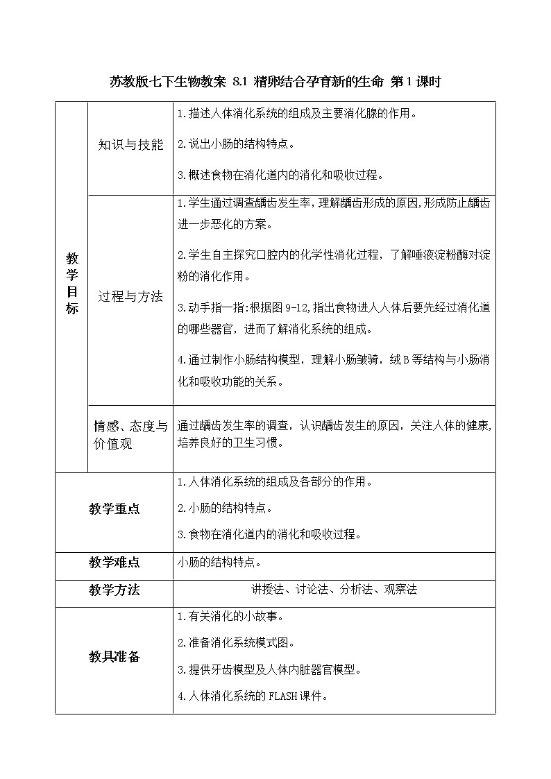 苏教版七下生物教案 9.2 人体的消化和吸收01