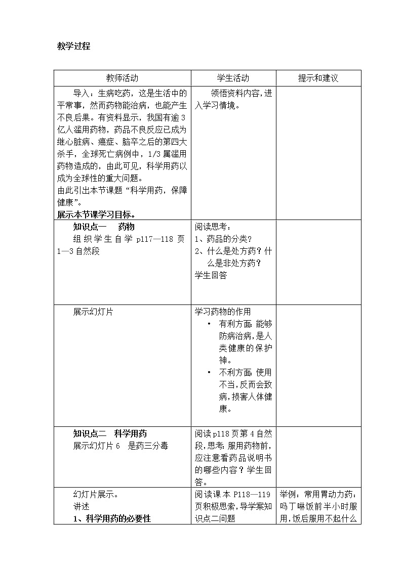 冀教版7下生物 7科学用药 保障健康  教案02