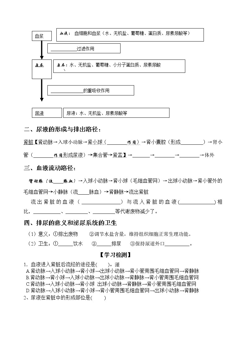 北师大版生物七下学案 11.2 尿液的形成与排出（第2课时）第2页