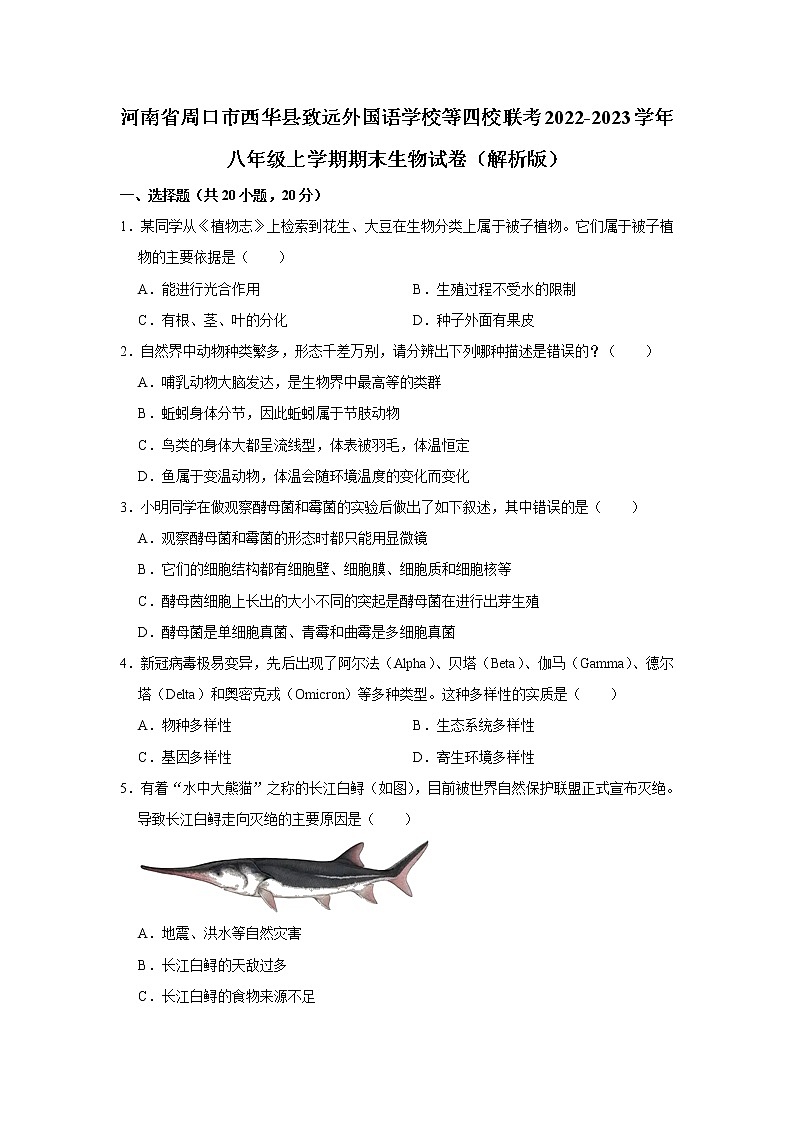 河南省周口市西华县致远外国语学校等四校联考2022-2023学年八年级上学期期末生物试卷（含答案）01