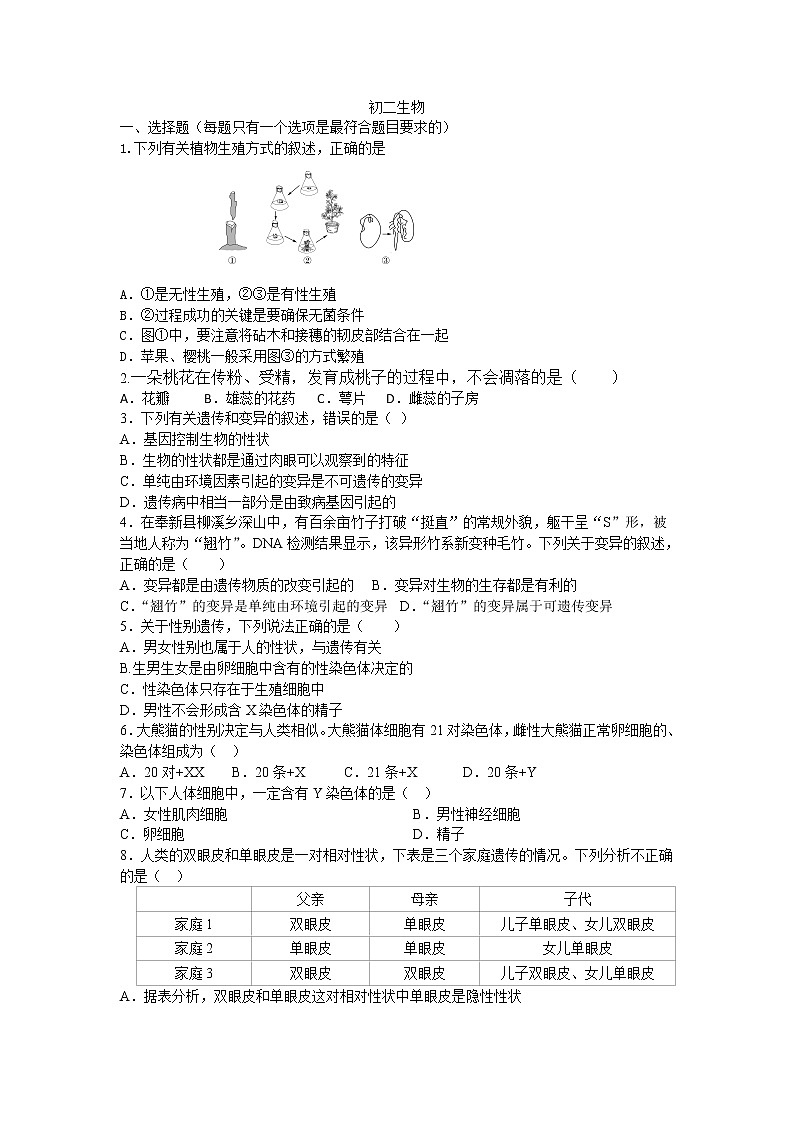 山东省菏泽市郓城县2022-2023学年八年级上学期期末考试生物试题（含答案）01