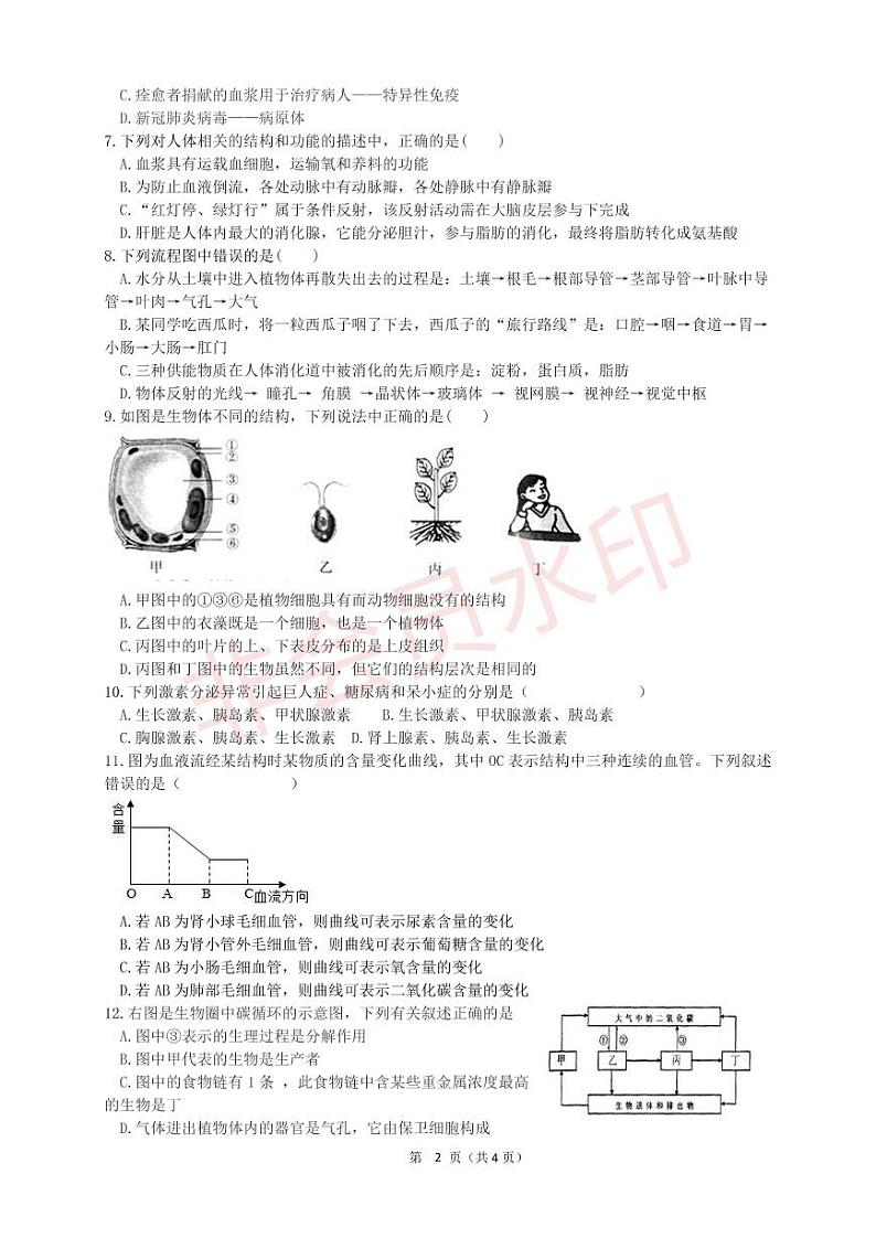 2022年海门区东洲国际学校八年级生物中考模拟试卷（4.24）_02