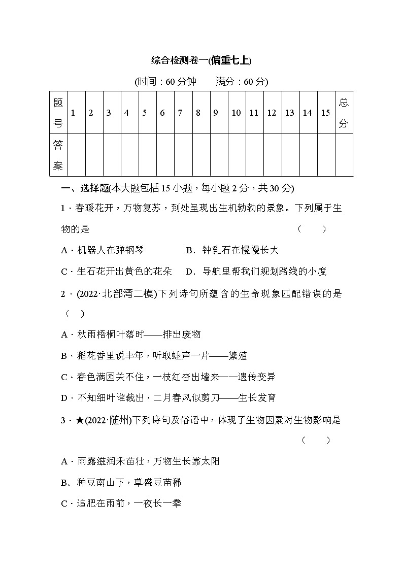 中考生物总复习综合检测卷一01