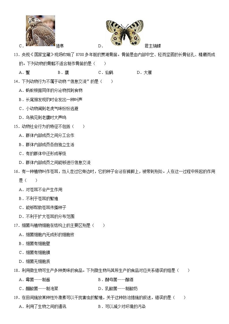 河南省漯河市郾城区2022-2023学年八年级上学期期末生物试卷（含答案）第3页