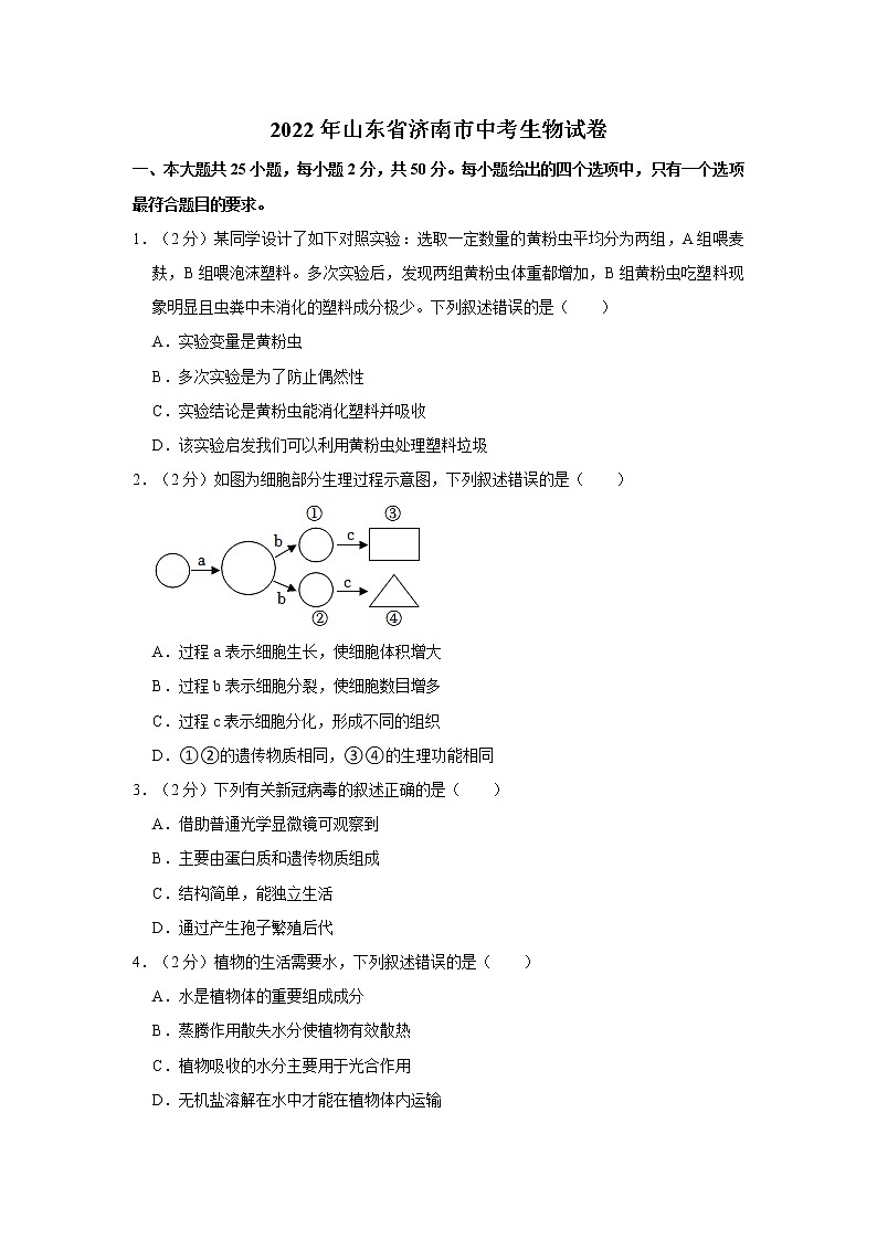 2022年山东省济南市中考生物试卷含答案01