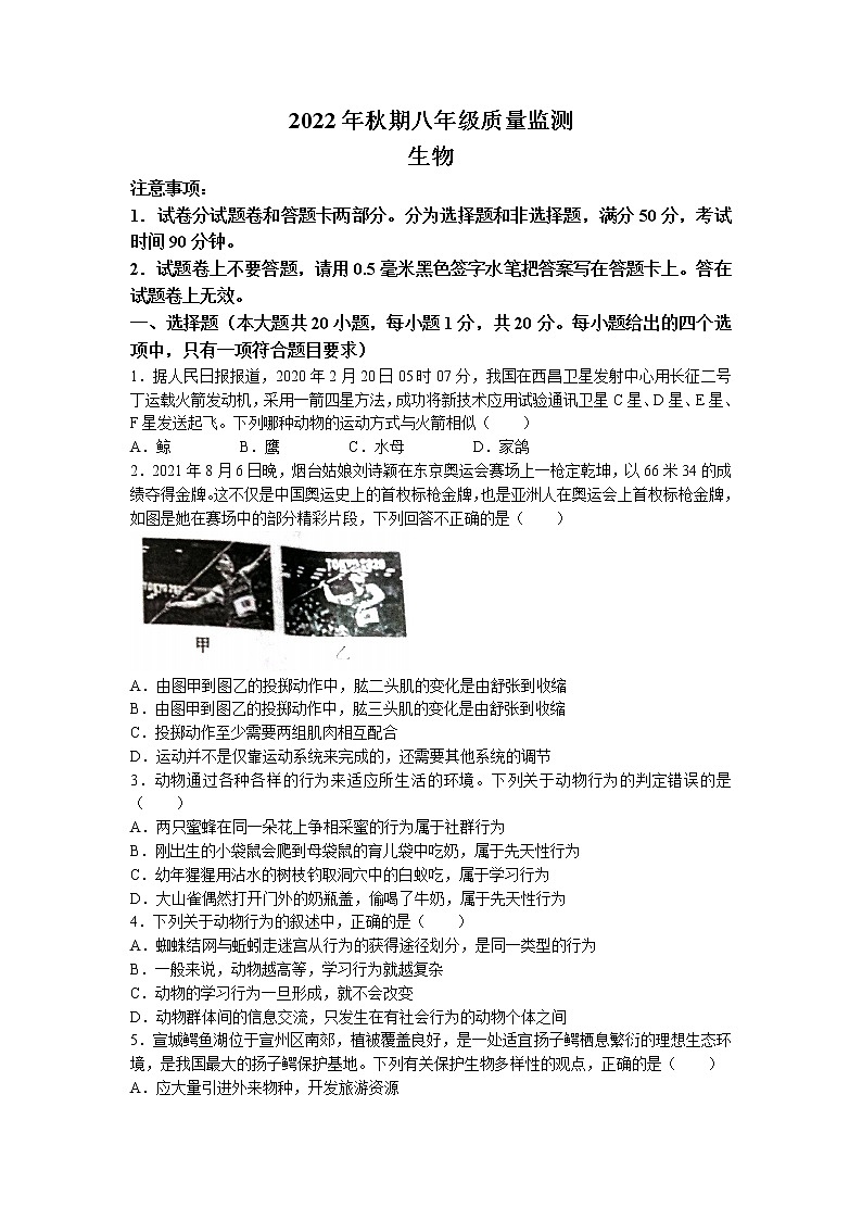 河南省驻马店市驿城区2022-2023学年八年级上学期期末生物试题(无答案)第1页