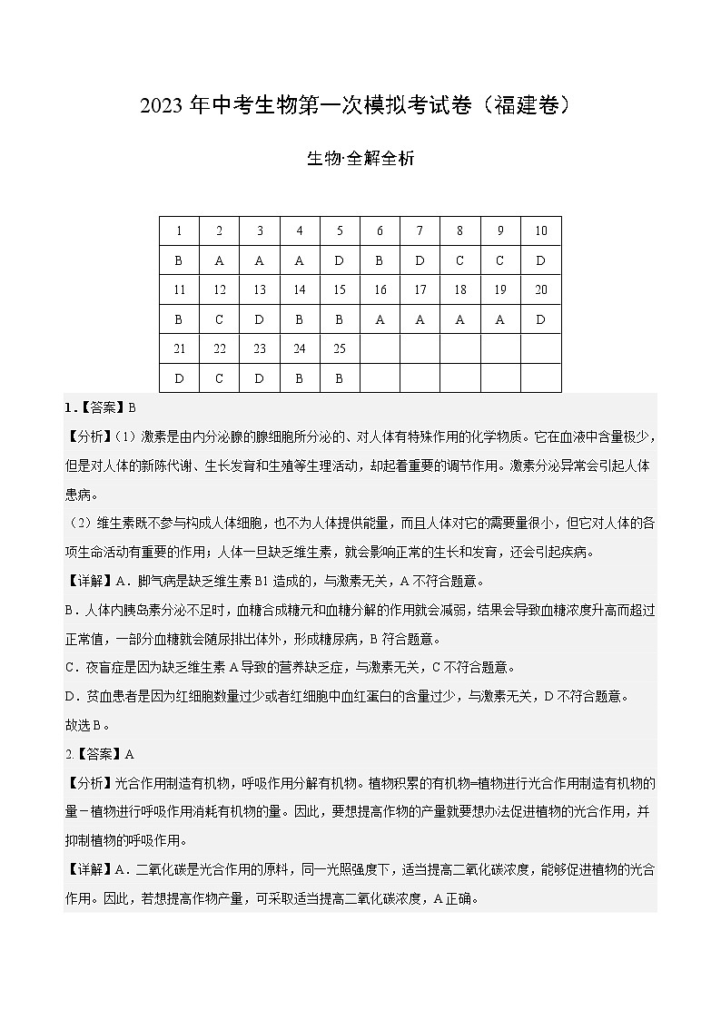 生物（福建卷）-学易金卷：2023年中考第一次模拟考试卷01