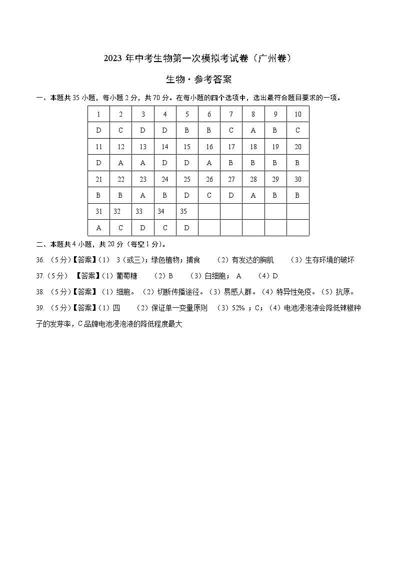 生物（广州卷）-学易金卷：2023年中考第一次模拟考试卷01