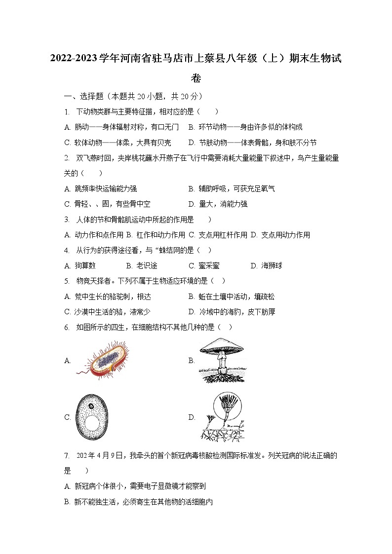 2022-2023学年河南省驻马店市上蔡县八年级（上）期末生物试卷（含解析）01