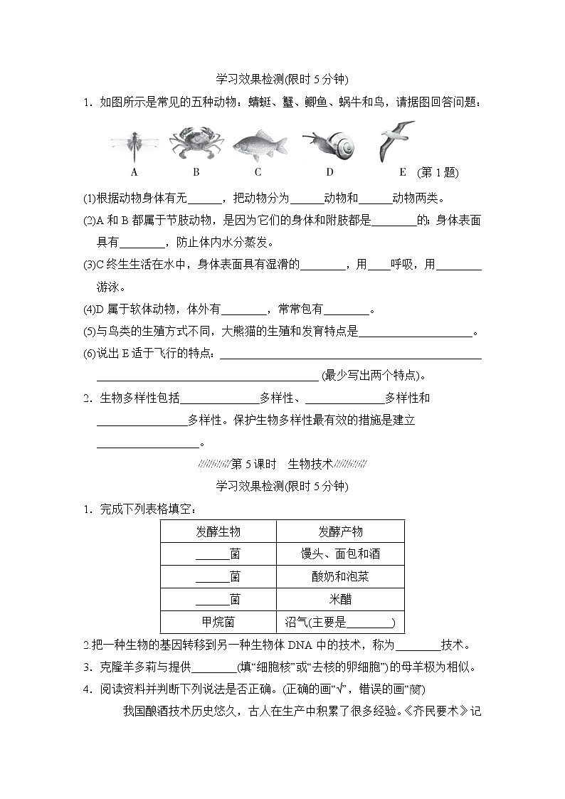 人教版中考生物一轮复习--主题二  生物的多样性（测试）第2页