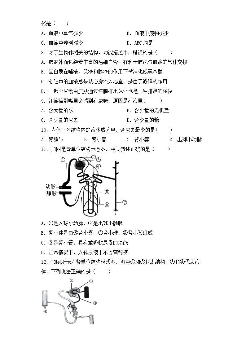 人教版生物七年级下册第五章（人体内废物的排出）检测试卷02