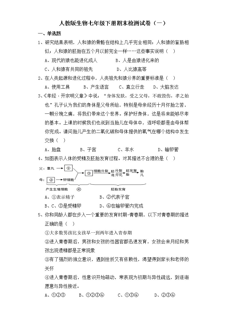 人教版生物七年级下册期末检测试卷 （一）01