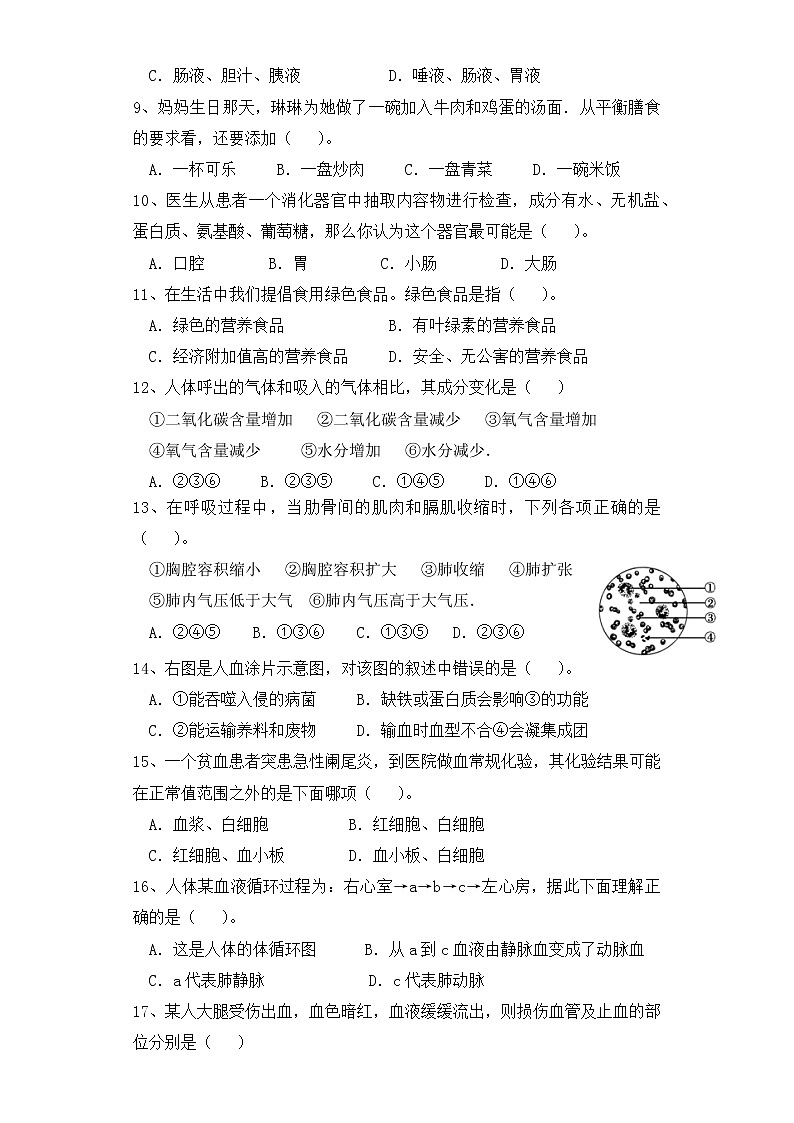 人教版生物七年级下册期末检测试卷 （二）02