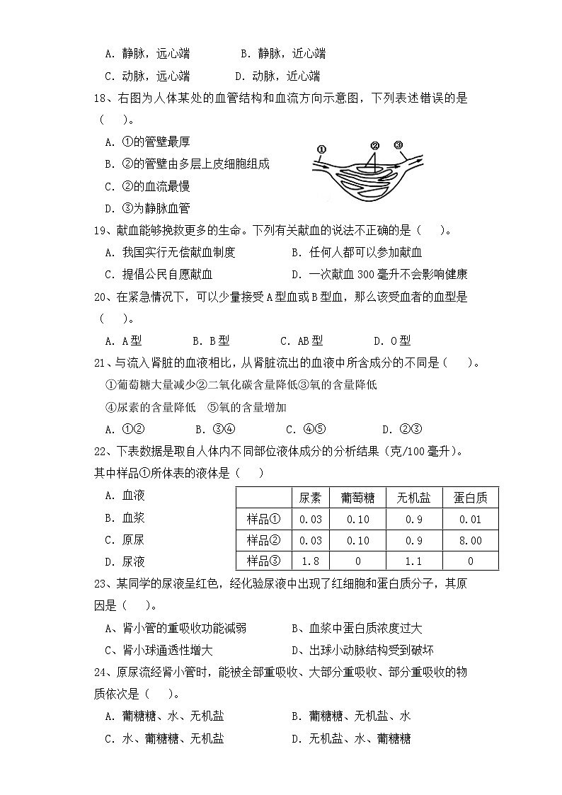 人教版生物七年级下册期末检测试卷 （二）03