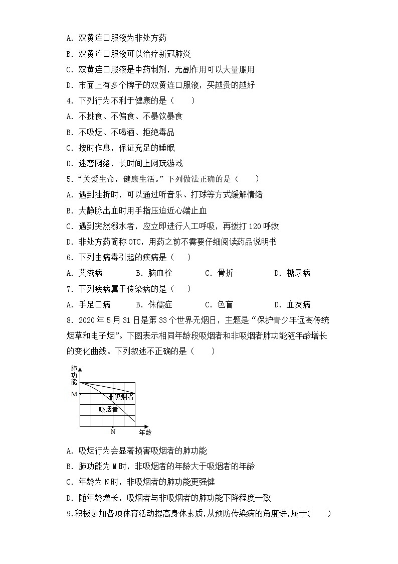 人教版生物八年级下册第八单元（健康地生活）单元检测试卷第2页