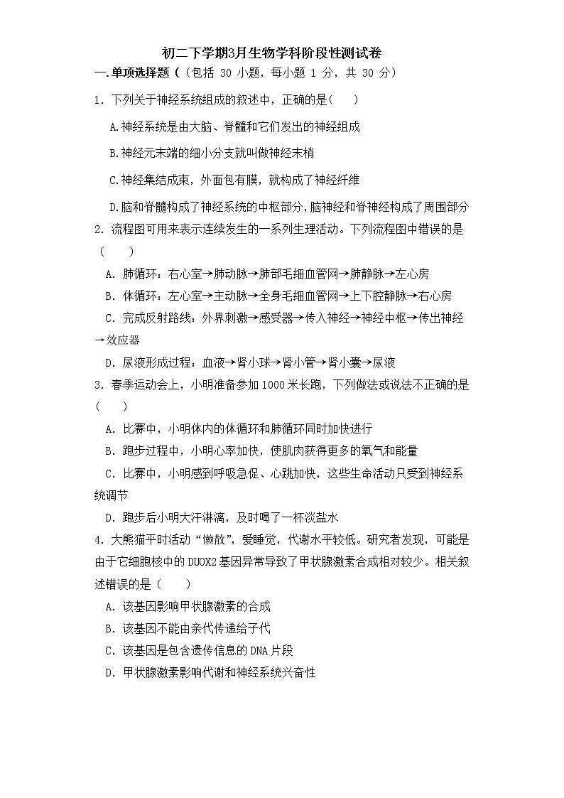 四川省自贡市富顺县第二中学校2022-2023学年八年级下学期3月月考生物试题01