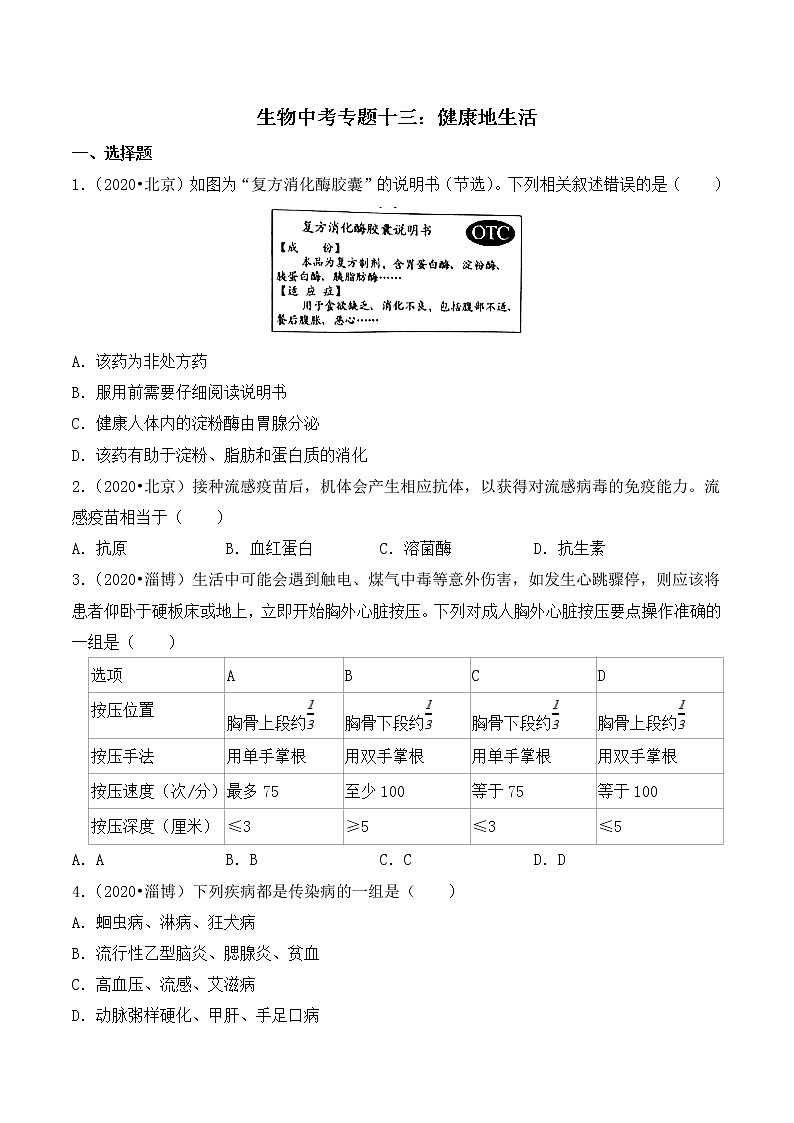 专题十三：健康地生活 （全国2020----2022年生物中考真题训练）01