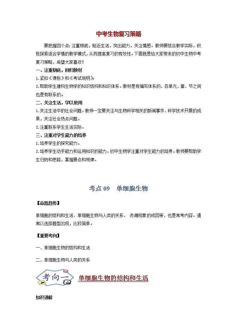 考点09 单细胞生物-【讲通练透】一轮第1页