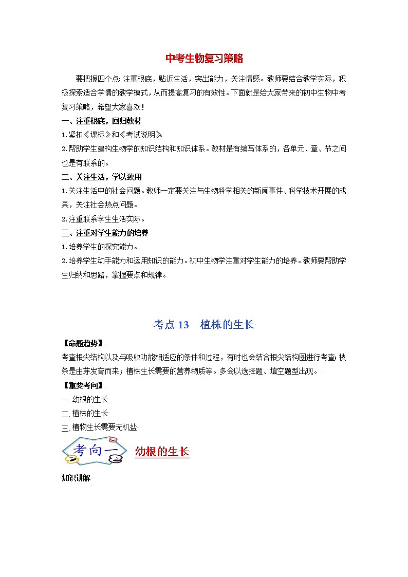 初中生物一轮复习【讲通练透】 考点13 植株的生长01