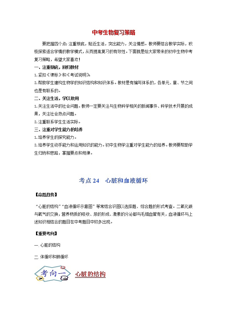 初中生物一轮复习【讲通练透】 考点24 心脏和血液循环01