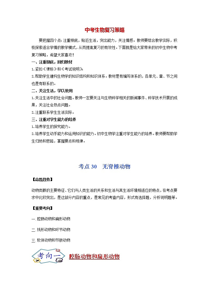 初中生物一轮复习【讲通练透】 考点30 +无脊椎动物01