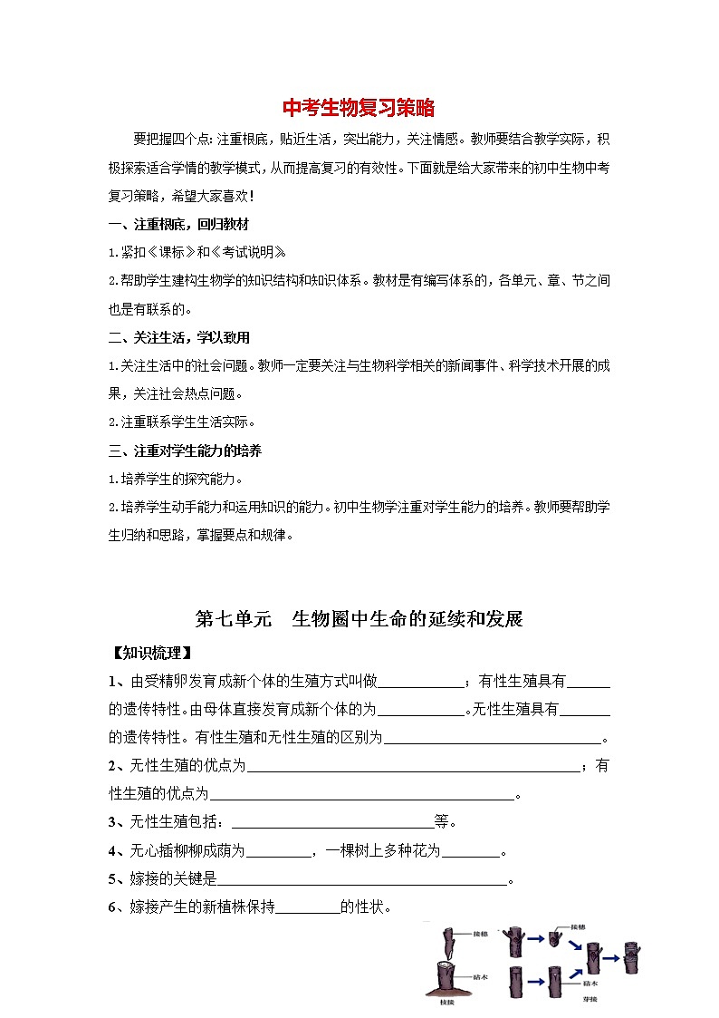 中考生物三轮冲刺过关 第07单元 生物圈中生命的延续和发展（挖空版）第1页