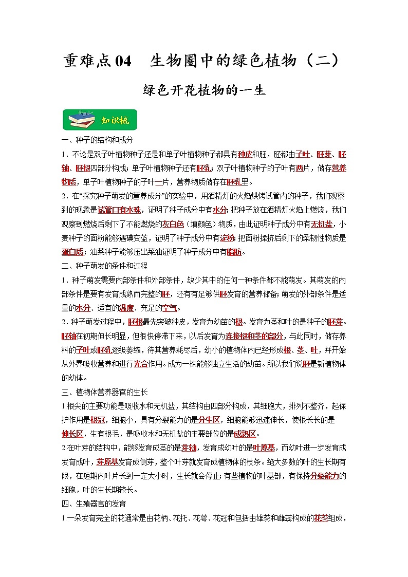 重难点04 生物圈中的绿色植物（二）-2023年中考生物【热点·重点·难点】专练（全国通用）（解析版）第1页