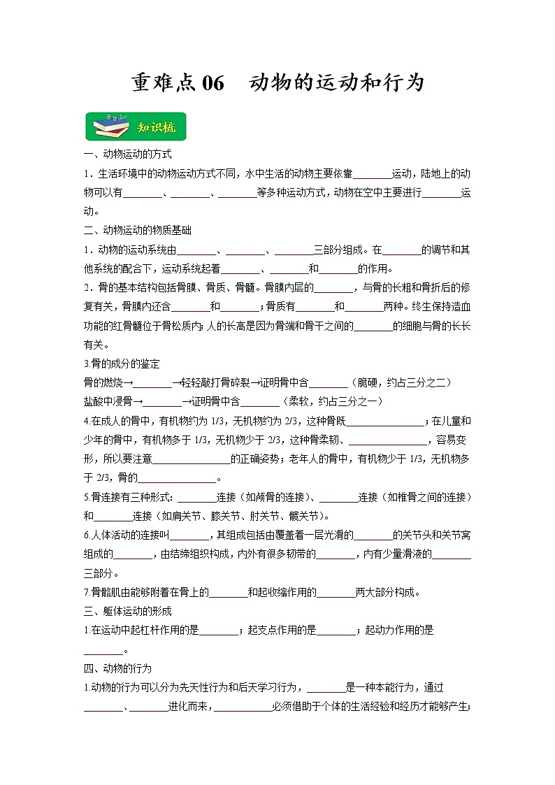 重难点06 动物的运动和行为 -2023年中考生物【热点·重点·难点】专练（全国通用）（原卷版）第1页