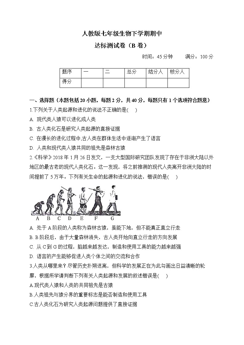 人教版七年级生物下学期期中达标测试卷（B卷）01