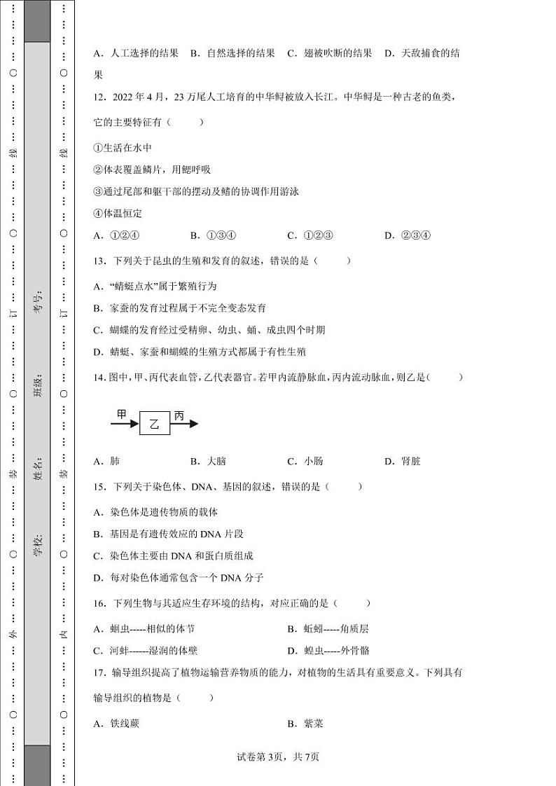 2022年江西省中考生物真题附答案解析（高清版）第3页