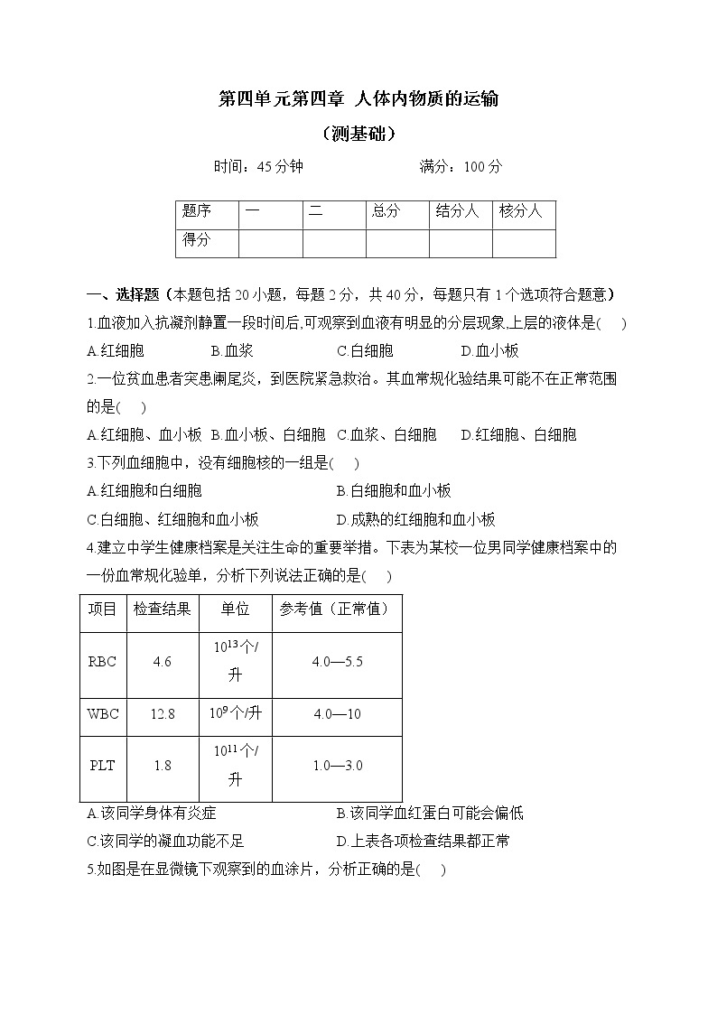 人教版生物七年级下册单元检测卷 第四单元第四章 人体内物质的运输（测基础）01