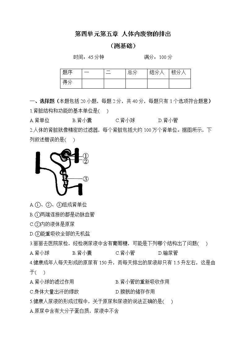 人教版生物七年级下册单元检测卷 第四单元第五章 人体内废物的排出（测基础）第1页
