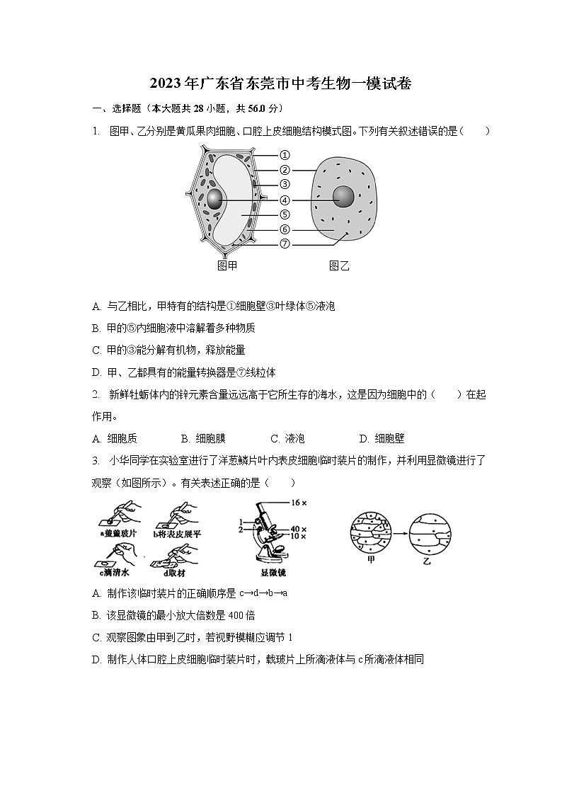 2023年广东省东莞市中考生物一模试卷（含解析）01