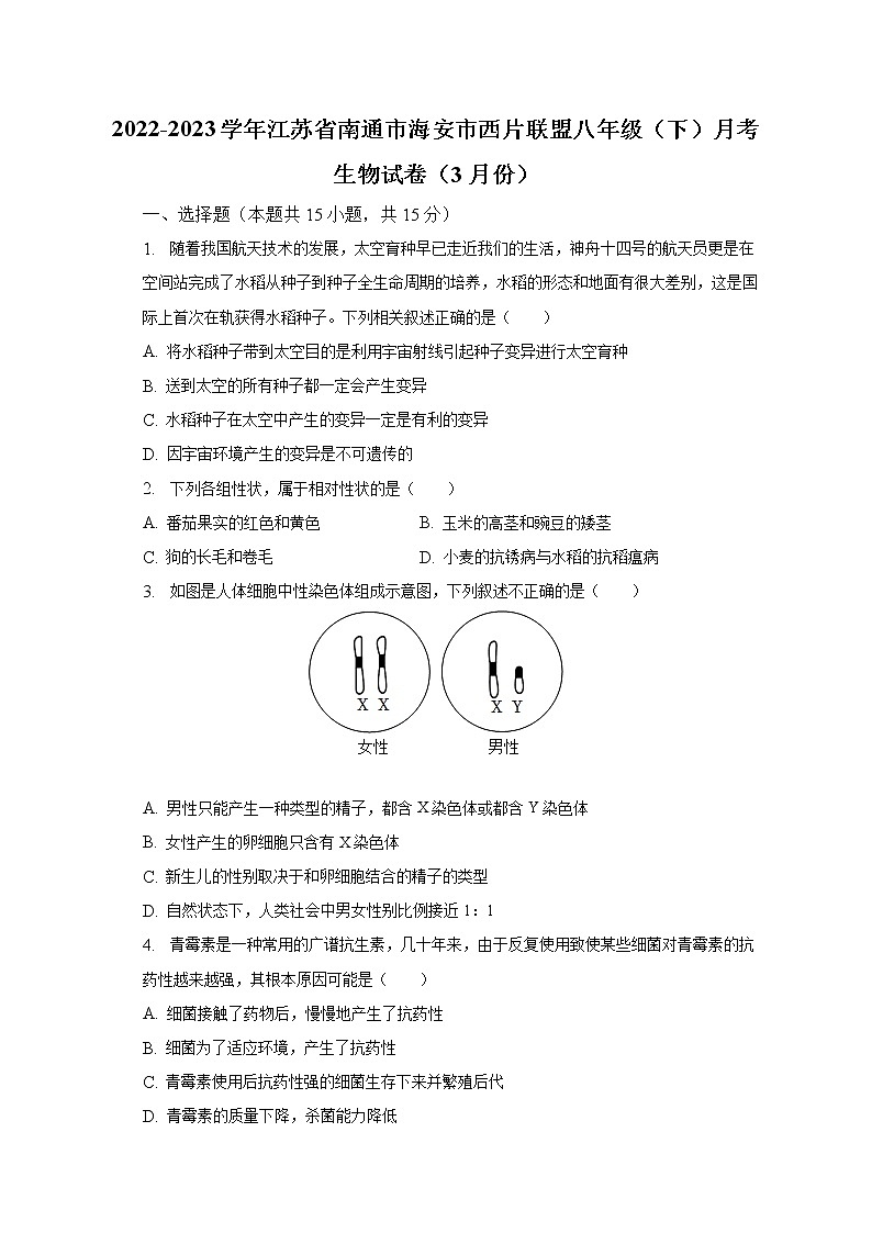 2022-2023学年江苏省南通市海安市西片联盟八年级（下）月考生物试卷（3月份）（含解析）01