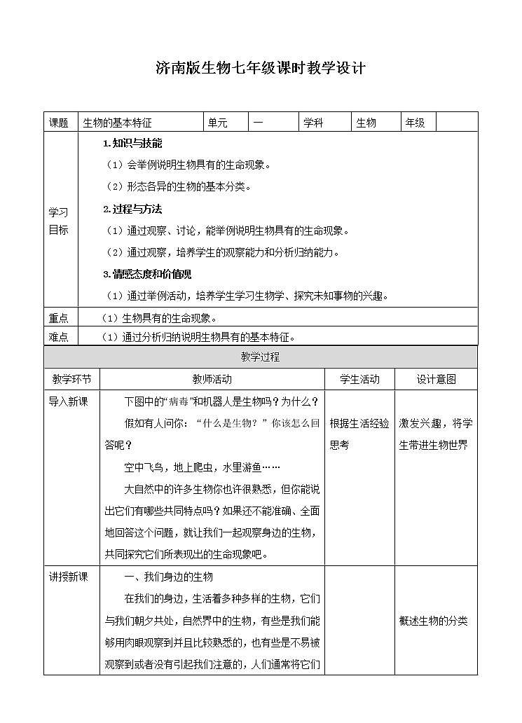 济南版生物七上 1.1《生物的基本特征》   课件+教案+练习01