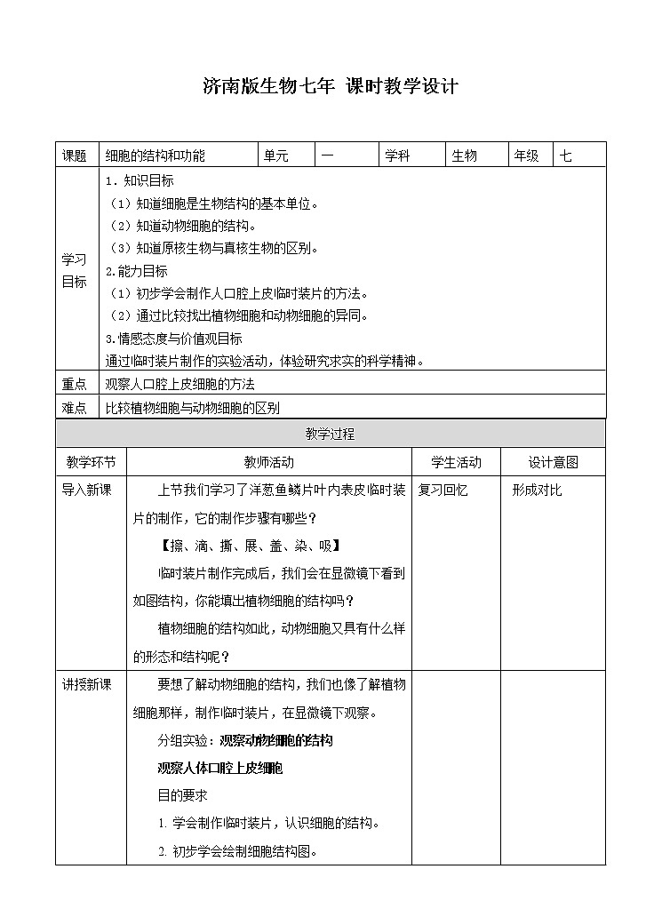 济南版生物七上 2.1 《细胞的结构和功能》第2课时   课件+教案+练习01