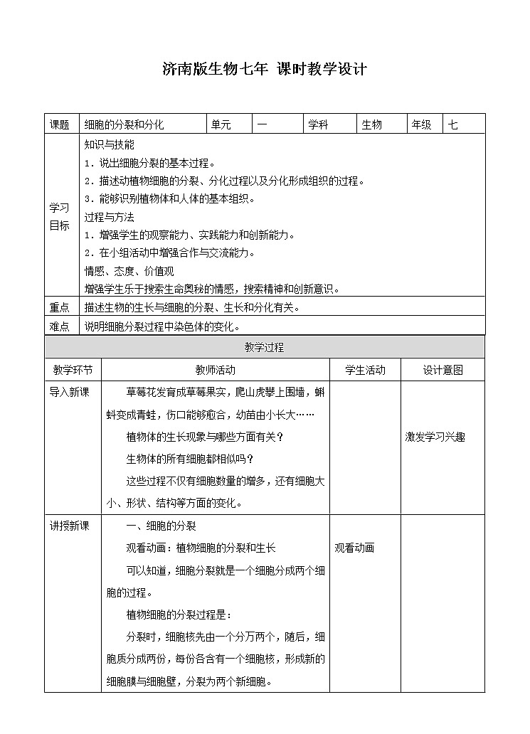 济南版生物七上2.2 《细胞的分裂与分化》   课件+教案+练习01